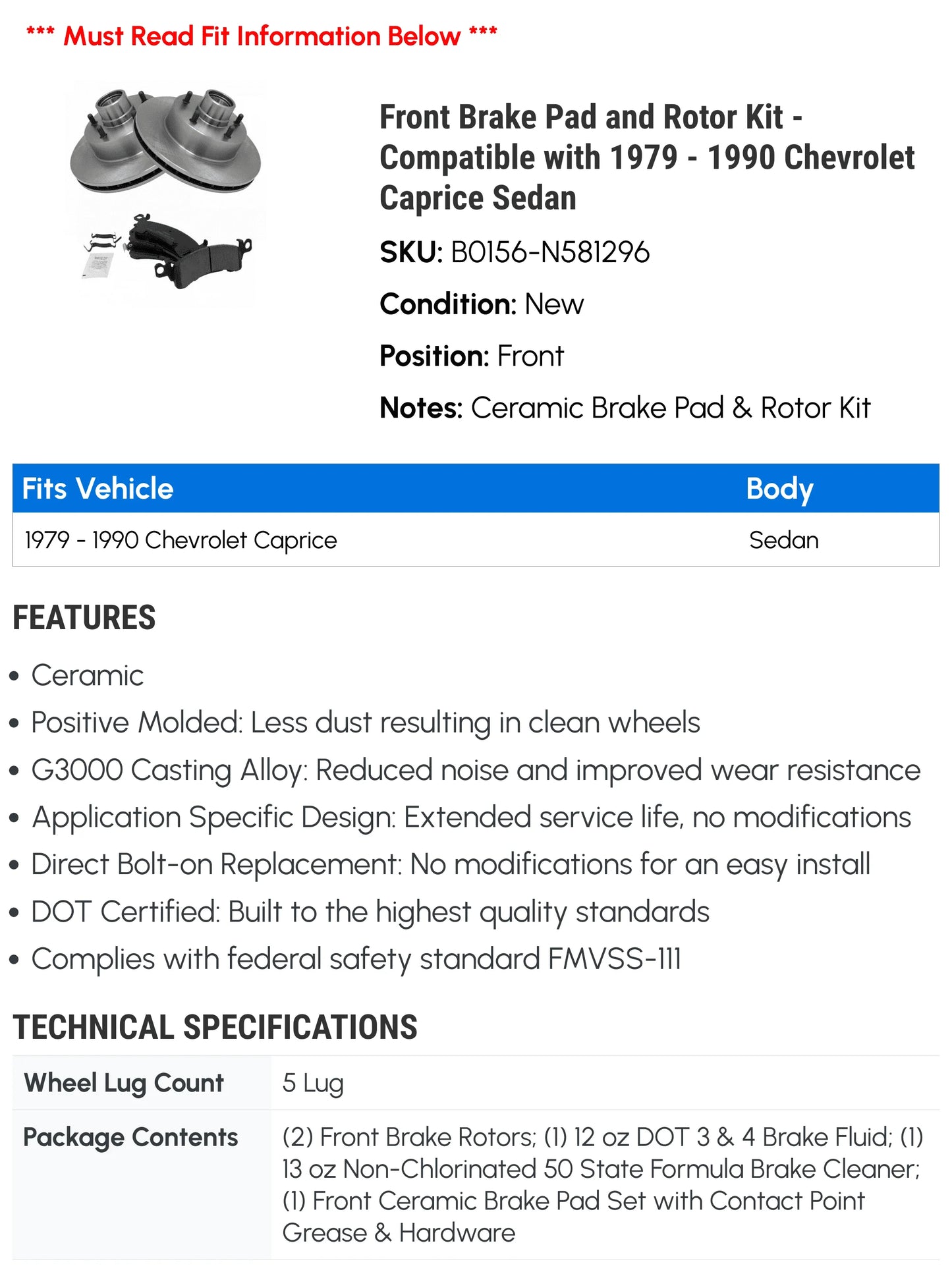 Front Brake Pad and Rotor Kit - Compatible with 1979 - 1990 Chevy Caprice Sedan 1980 1981 1982 1983 1984 1985 1986 1987 1988 198