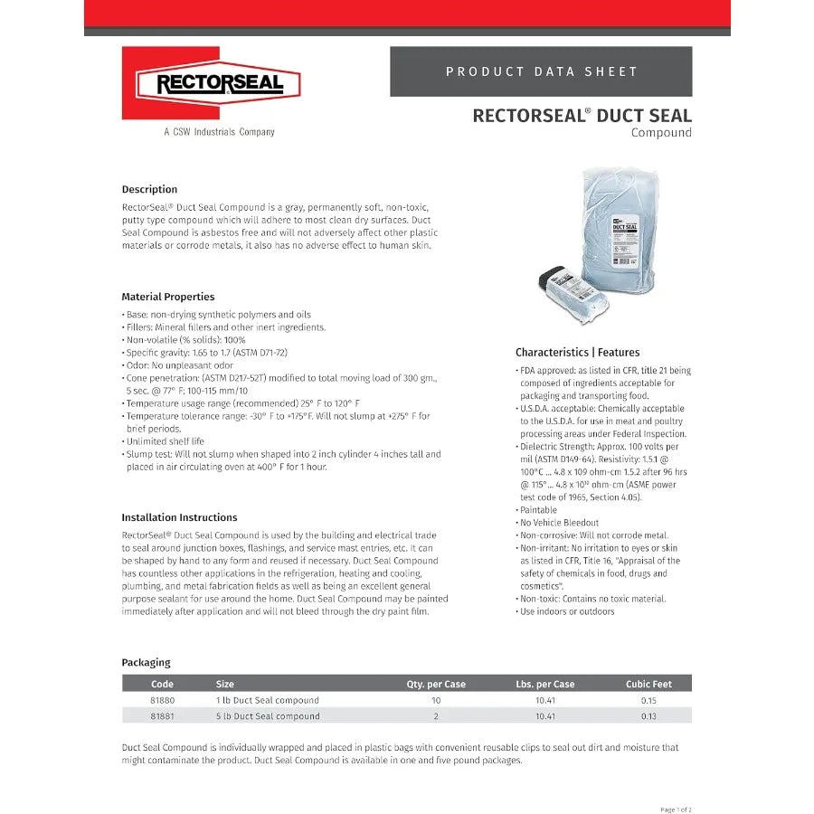 Professional Gray Duct Seal Compound | 1-lb Block for Wiring, Conduits | Airtight Seal