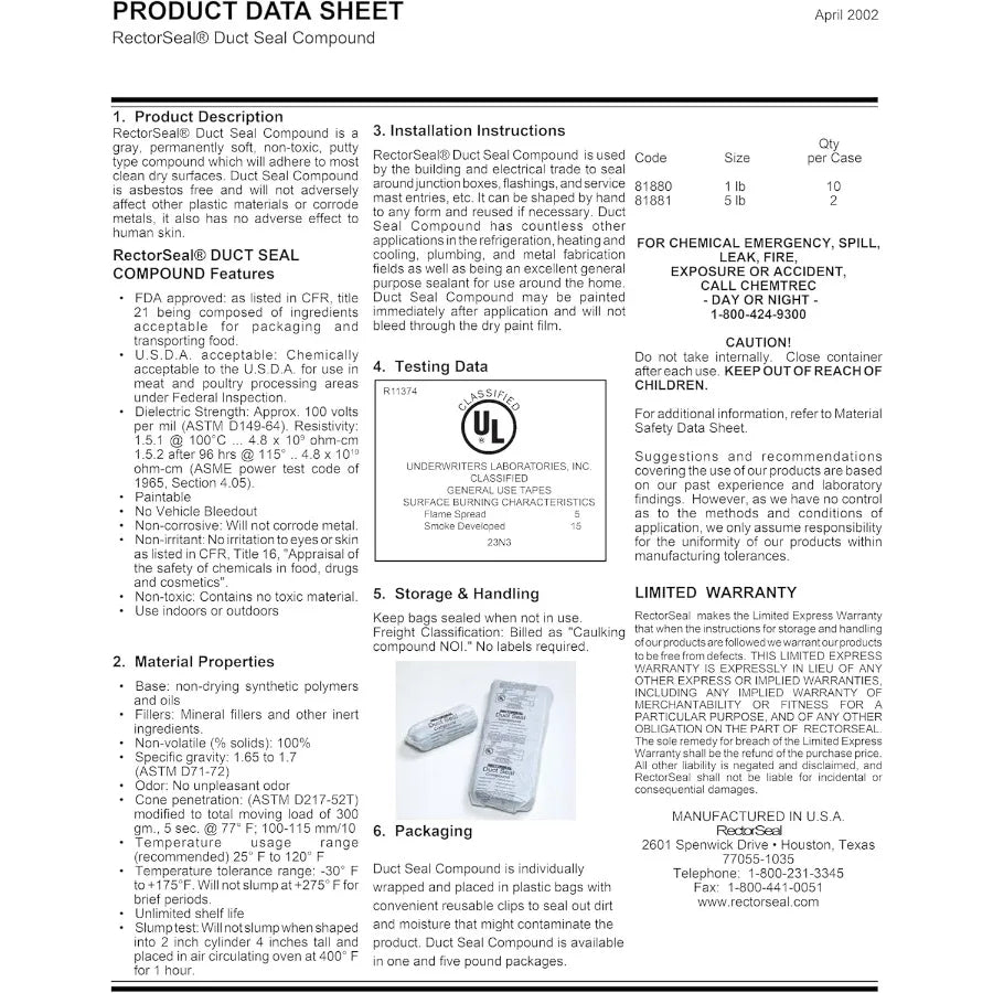 Professional Gray Duct Seal Compound | 1-lb Block for Wiring, Conduits | Airtight Seal