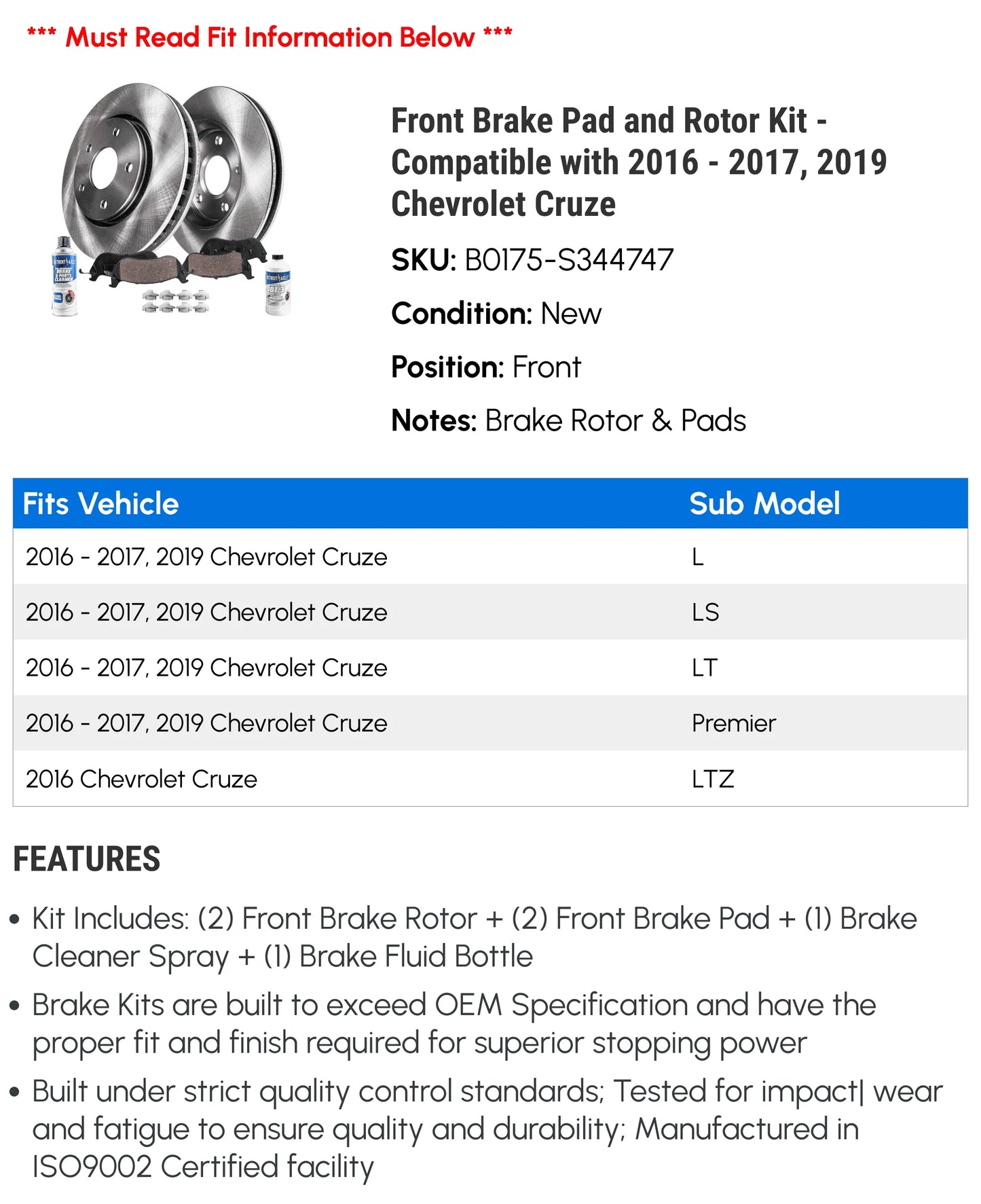 Front Brake Pad and Rotor Kit - Compatible with 2016 - 2017, 2019 Chevy Cruze