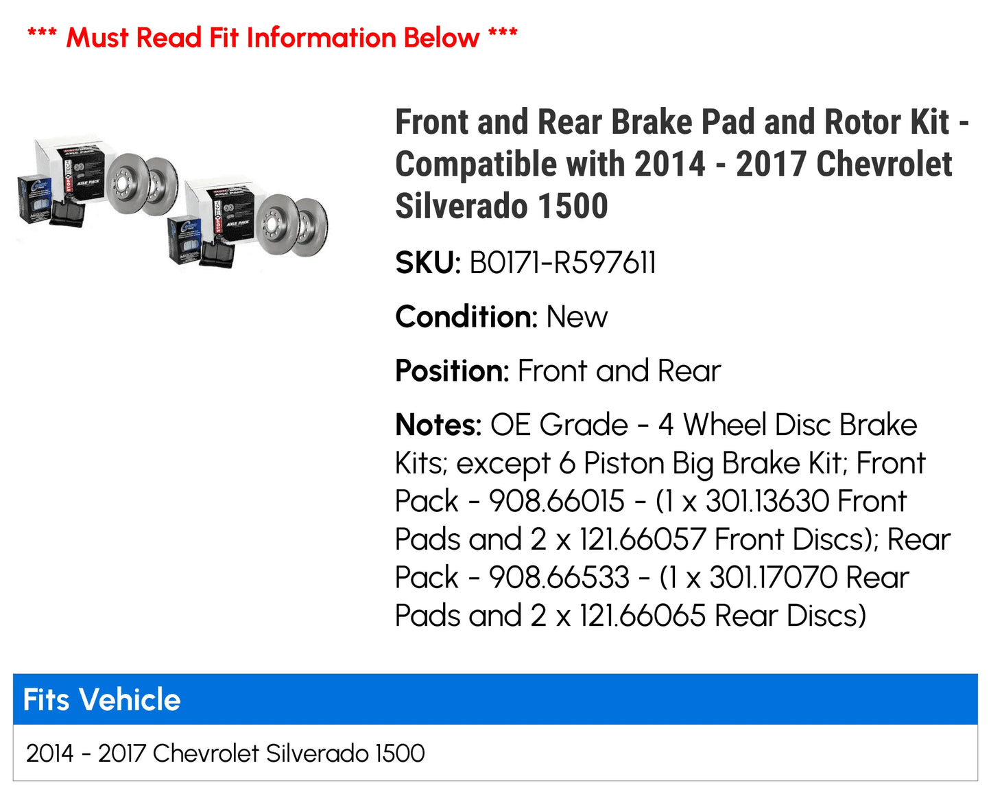 Front and Rear Brake Pad and Rotor Kit - Compatible with 2014 - 2017 Chevy Silverado 1500 2015 2016