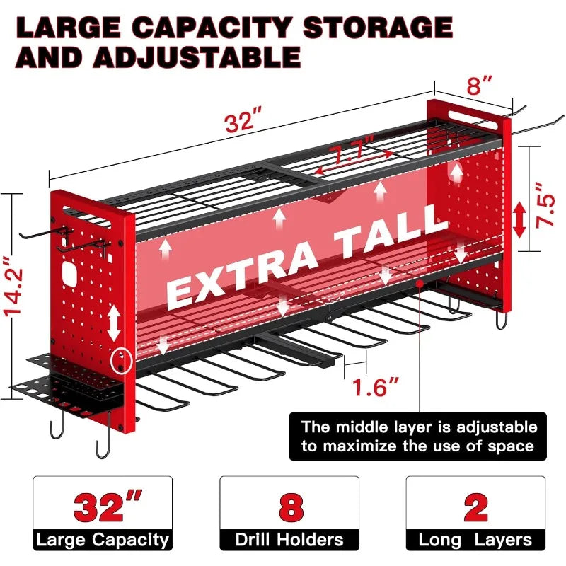 Power Tool Organizer Wall Mount,Cordless Drill Hanger Storage Rack 8 Drill Holder,3 Layers Heavy Duty Power Tool Storage Rackr